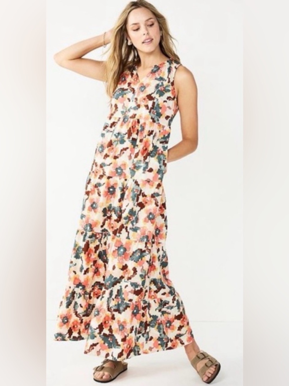 Sonoma Floral Sleeveless Maxi Dress in Pink, Coral, and Cream 100% Cotton